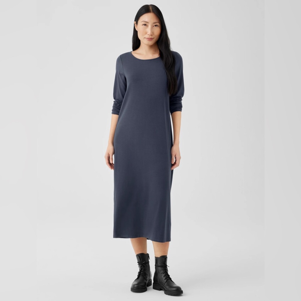 Eileen Fisher Stretch Jersey Knit Jewel Neck Dress Size XL in Black